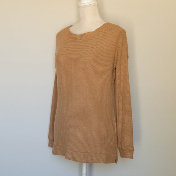 1. State Lattice V-Back Waffle Weave Sweater in Tan Size XS - Picture 3 of 8